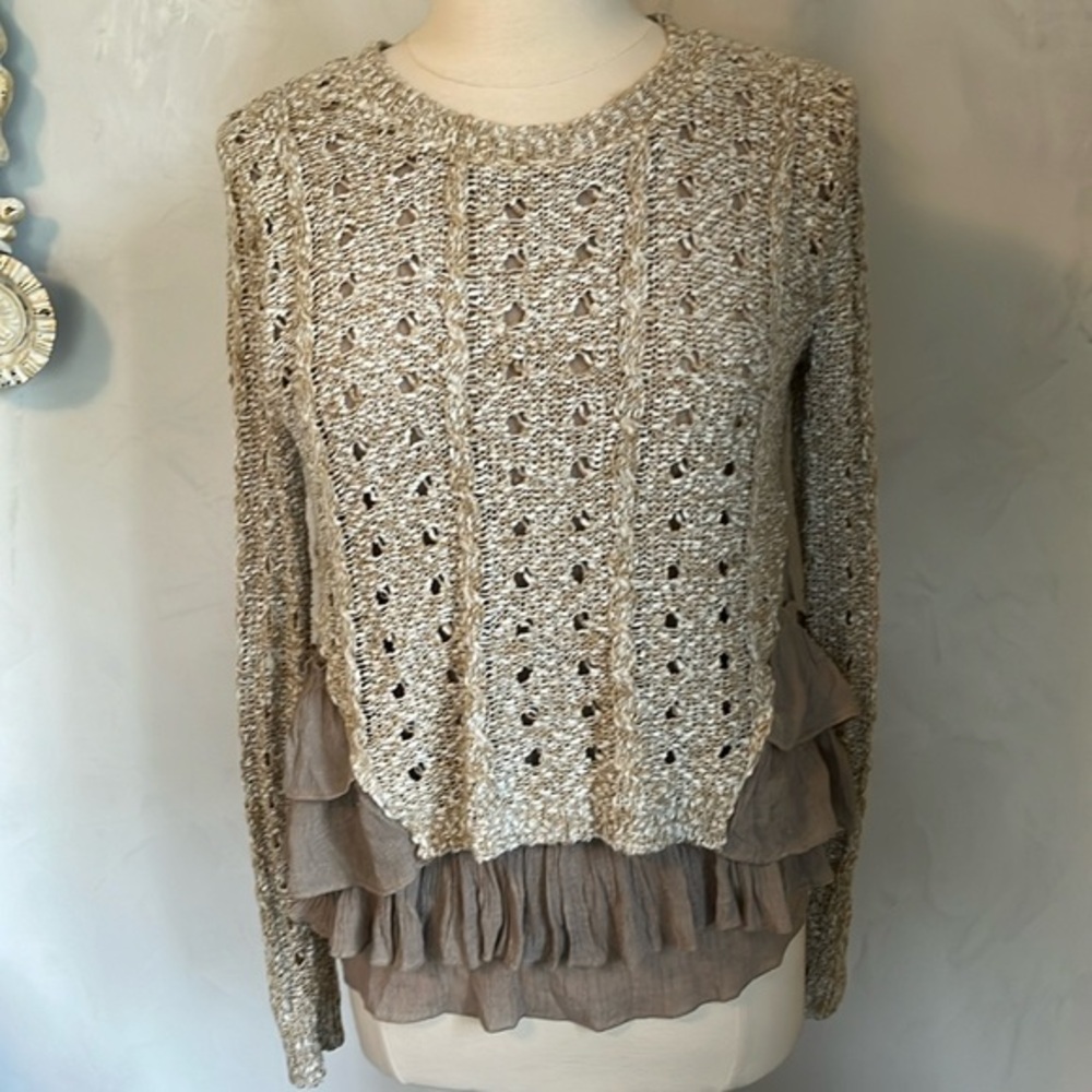 Eri + Ali Brown & Cream sweater w/taupe color fabric side ruffle & hem Size XS